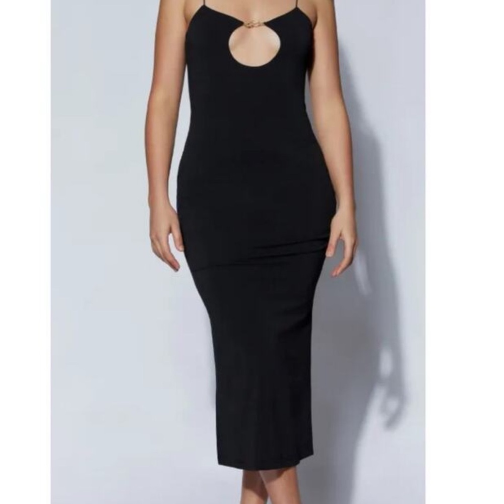 NWT RARE - Meshki Black Midi Dress with Front Keyhole & Ring Detail